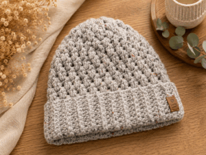 Handgemaakte grijze gehaakte beanie met structuursteek