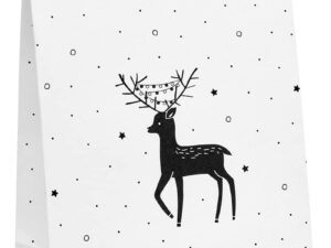 Kerst cadeauzakje wit met zwart patroon en hertje