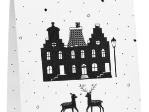 Kerst cadeauzakje wit met zwart patroon en kersttafereeltje