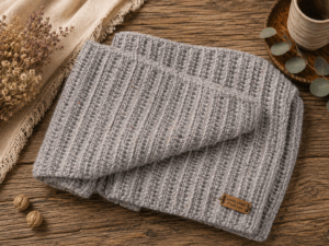 Handgemaakte grijze shawl met reliëfpatroon en subtiele spikkels