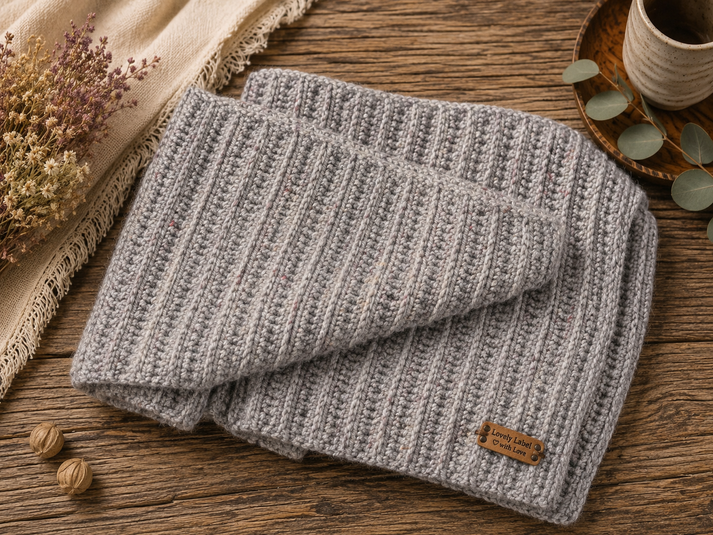 Handgemaakte grijze shawl met reliëfpatroon en subtiele spikkels