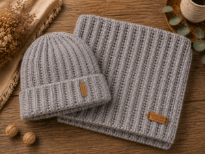 Handgemaakte Warm & Cosy Set Grey met beanie en shawl