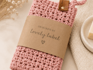 Handgemaakt gehaakt roze washandje met Lovely Label verpakking.