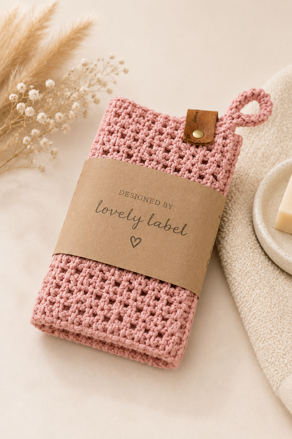 Handgemaakt gehaakt roze washandje met Lovely Label verpakking.