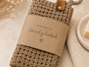 Handgemaakt gehaakt taupe washandje met Lovely Label wikkel