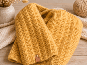 Handgemaakte zachte okergele sjaal met ribbelstructuur van Lovely Label