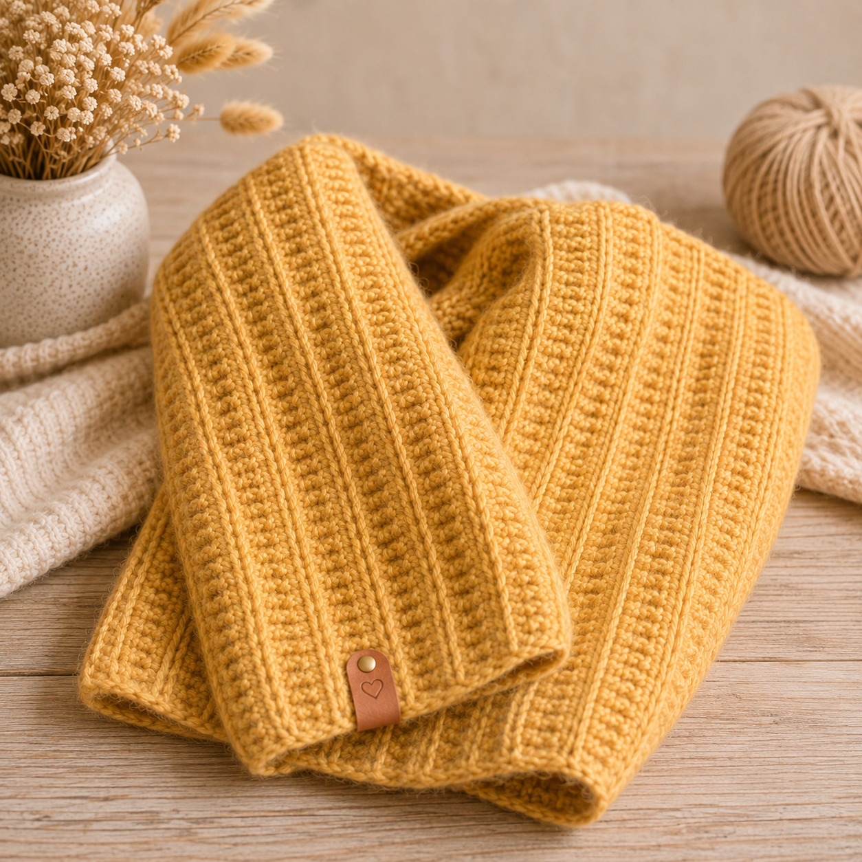 Handgemaakte zachte okergele sjaal met ribbelstructuur van Lovely Label