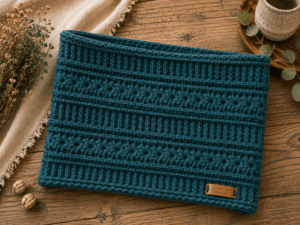 Handgemaakte gehaakte col shawl in petrol met structuurpatroon