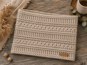 Handgemaakte gehaakte col shawl in zand met structuurpatroon