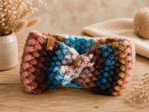 Handgemaakte kleurrijke haarband met twist, gemaakt van heerlijk zacht en warm garen in verschillende kleuren. Een uniek handgemaakt item van Lovely Label voor de koudere dagen.