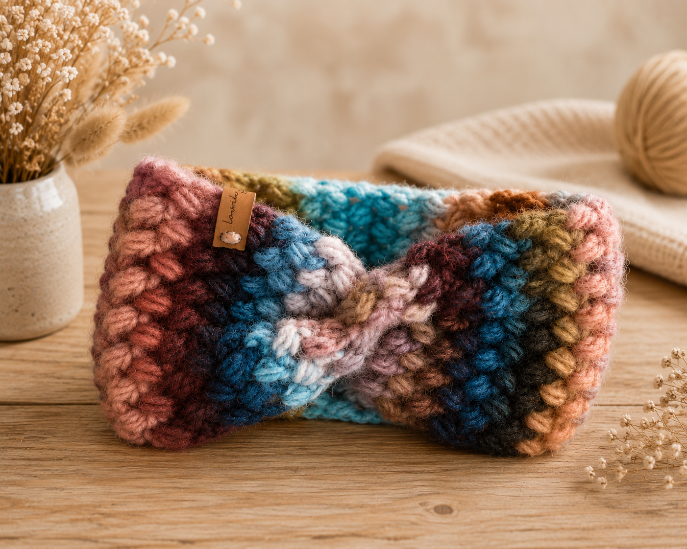 Handgemaakte kleurrijke haarband met twist, gemaakt van heerlijk zacht en warm garen in verschillende kleuren. Een uniek handgemaakt item van Lovely Label voor de koudere dagen.
