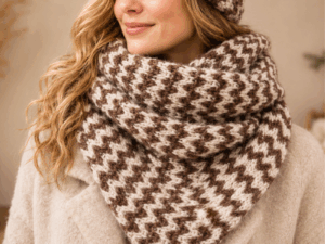 Handgemaakte HugMe Shawl in bruin en off-white met grafisch patroon