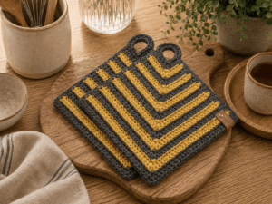 Retro pannenlappen – Grijs & Mosterd