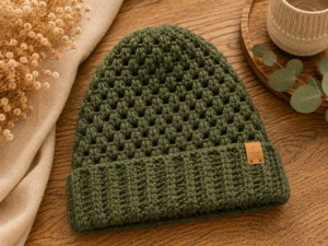 Handgemaakte groene gehaakte beanie met structuursteek