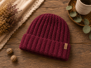 Handgemaakte bordeaux muts Burgundy Glow met subtiele glitter