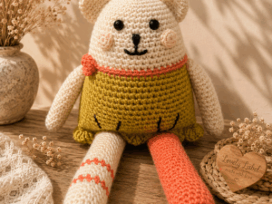 Handgemaakte gehaakte knuffel Fien Zonnestraal in okergeel – Lovely Label