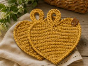 Handgemaakte hartvormige pannenlappen in mosterdgeel, gehaakt van gerecycled katoen. Sfeervolle en duurzame keukenaccessoires van Lovely Label.