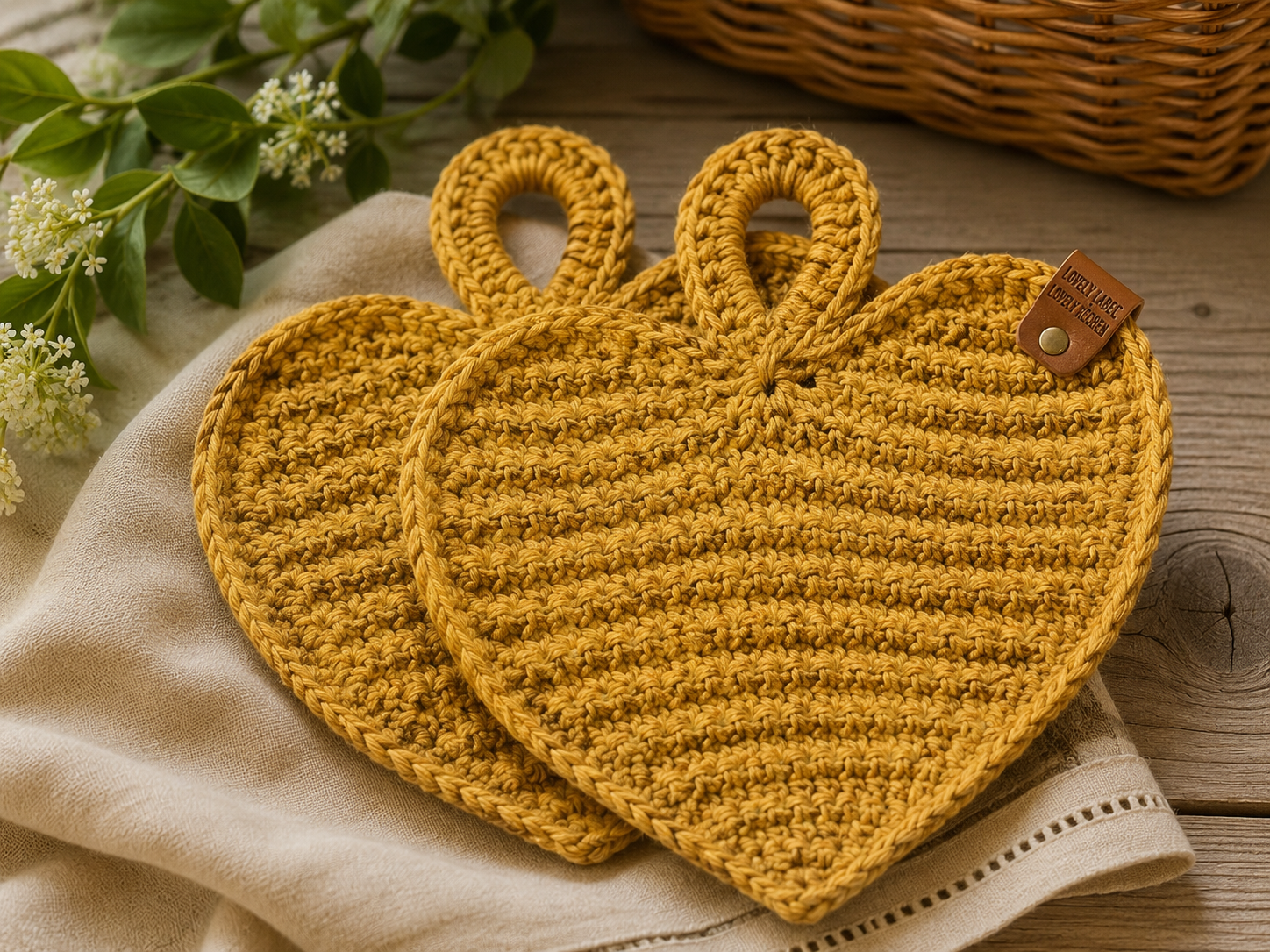 Handgemaakte hartvormige pannenlappen in mosterdgeel, gehaakt van gerecycled katoen. Sfeervolle en duurzame keukenaccessoires van Lovely Label.