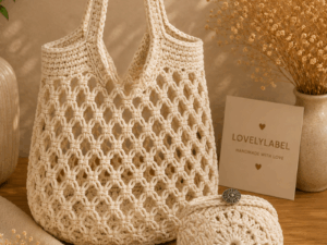 Lovely Pocket Shopper Warm Ivory – handgemaakt gehaakt opvouwbaar boodschappennetje met slimme dubbele bodem