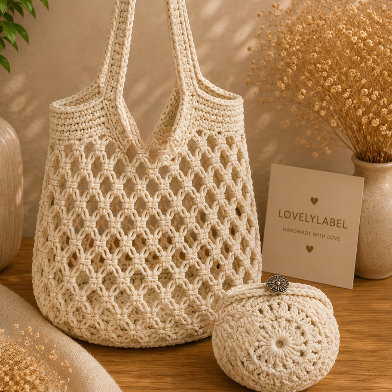 Lovely Pocket Shopper Warm Ivory – handgemaakt gehaakt opvouwbaar boodschappennetje met slimme dubbele bodem