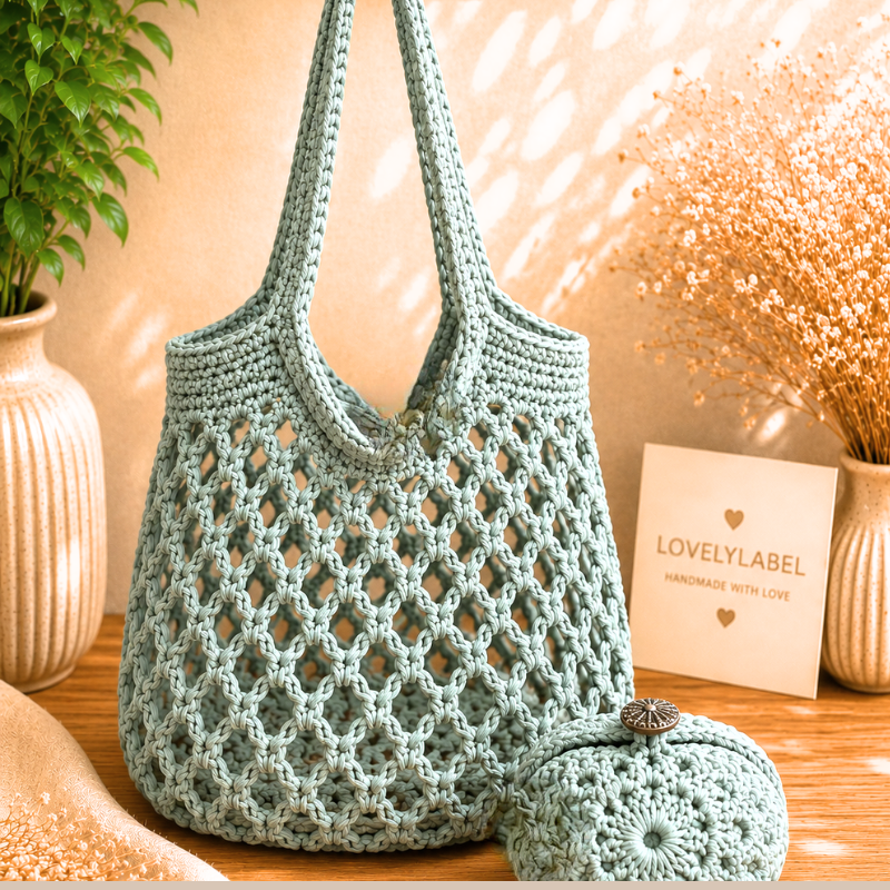 Lovely Pocket Shopper Early Dew – handgemaakt gehaakt opvouwbaar boodschappennetje met slimme dubbele bodem