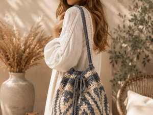 Model draagt Boho Stone handgemaakte boho tas