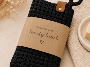 Handgemaakt gehaakt washandje in de kleur zwart van 100% katoen met handige ophanglus en Lovely Label wikkel.