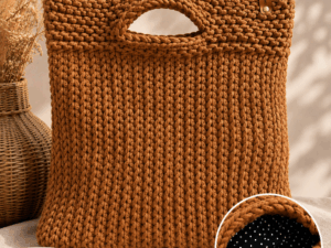 Handgemaakte Boho Belle Caramel Dot tas van gerecycled garen met gevoerde binnenkant