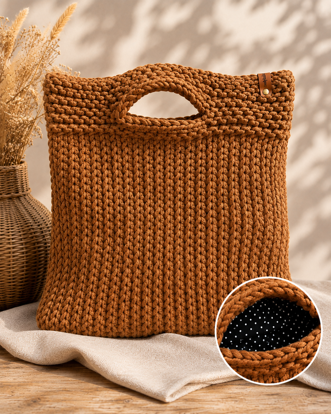 Handgemaakte Boho Belle Caramel Dot tas van gerecycled garen met gevoerde binnenkant