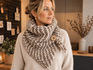 Handgemaakte gehaakte HugMe Shawl in taupe en off white
