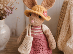 Handgemaakte gehaakte knuffel Pien het Konijn met roze jurkje en zonnehoedje