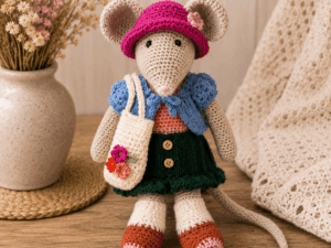 Handgemaakte gehaakte knuffel Pip de Muis met kleurrijke kleertjes