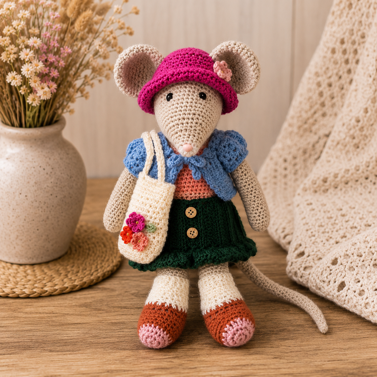 Handgemaakte gehaakte knuffel Pip de Muis met kleurrijke kleertjes