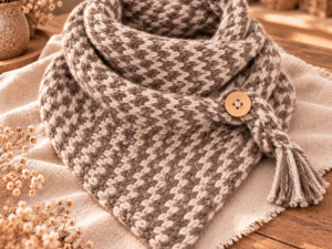 Handgemaakte shawl in taupe en cream met knoop en kwast