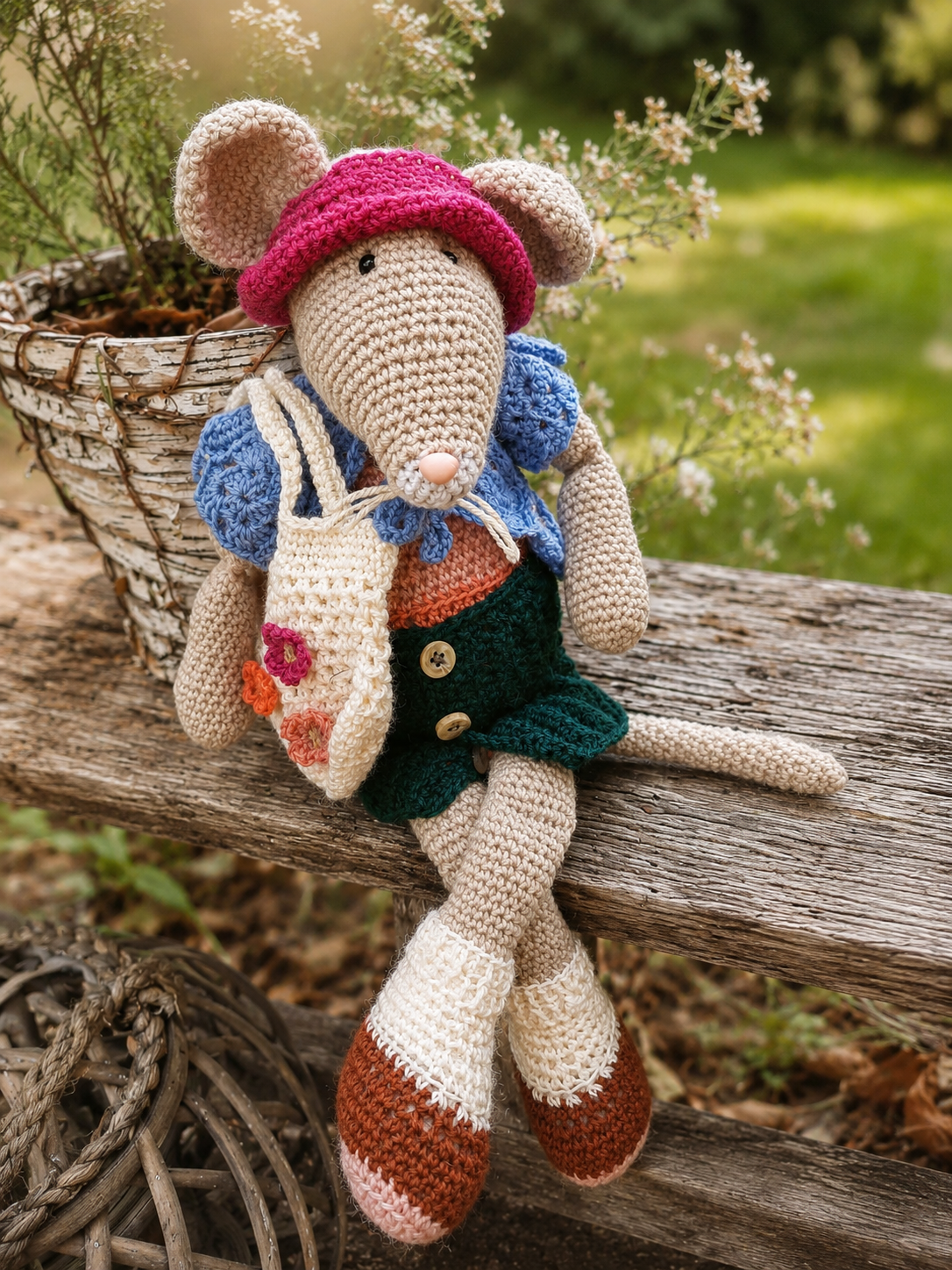 Handgemaakte gehaakte knuffel Pip de Muis met kleurrijke kleertjes