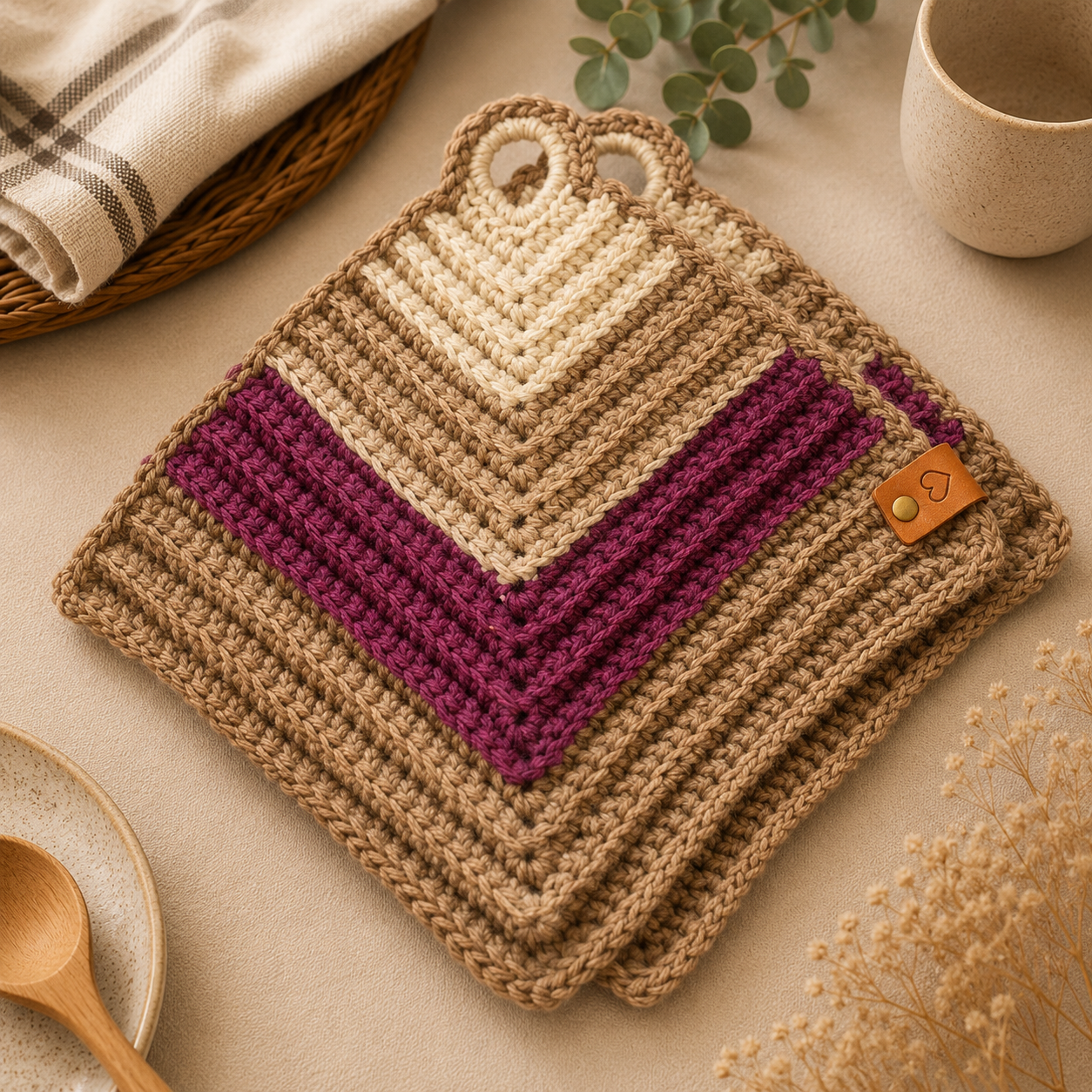 Retro Pannenlappen Berry Latte – handgemaakt
