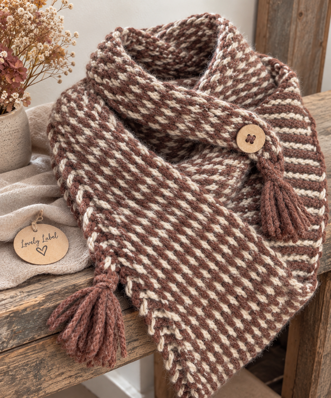 Handgemaakte gehaakte HugMe driehoekshawl in bruinrood en off white