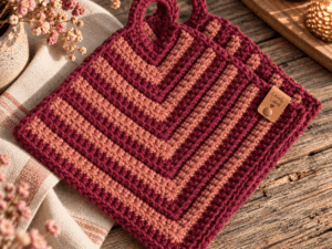 Handgemaakte Retro pannenlappen in Burgundy & Terra van Lovely Label with Love.