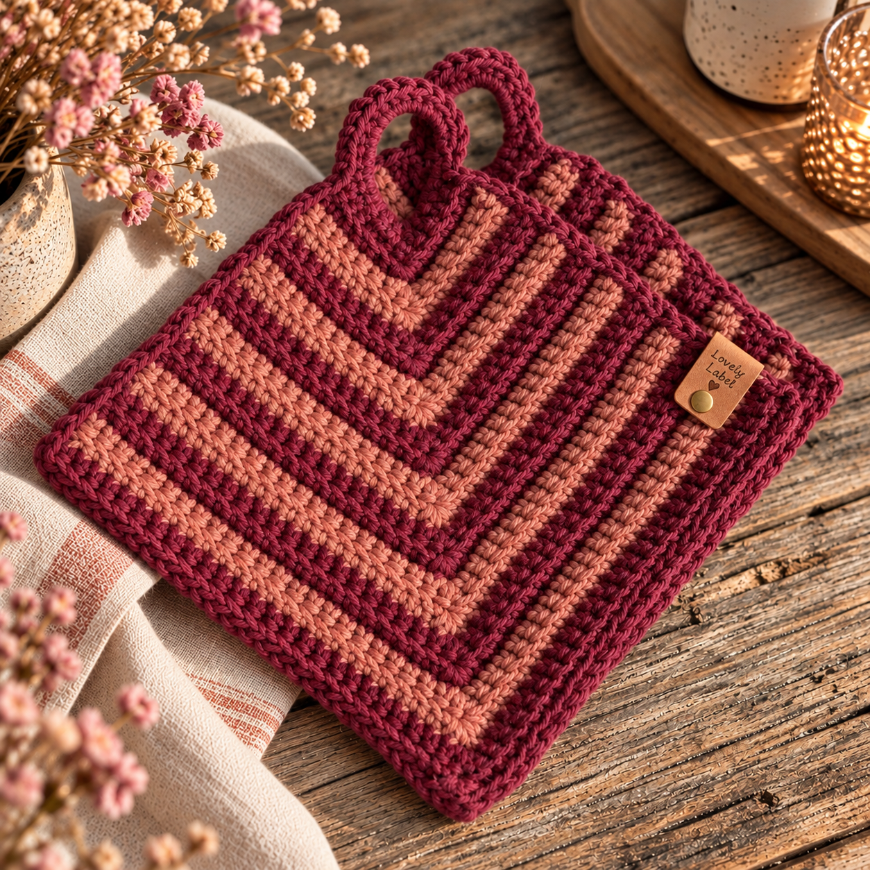Handgemaakte Retro pannenlappen in Burgundy & Terra van Lovely Label with Love.