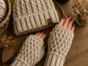 Handgemaakte muts met vingerloze handschoenen in naturel