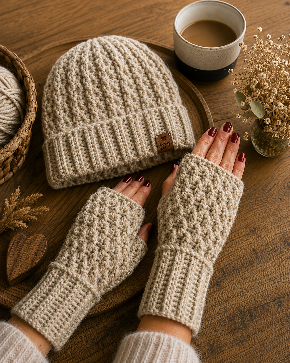 Handgemaakte muts met vingerloze handschoenen in naturel