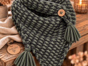 Handgemaakte HuggMe Army Grey shawl in donkergrijs en army groen met groene franjes