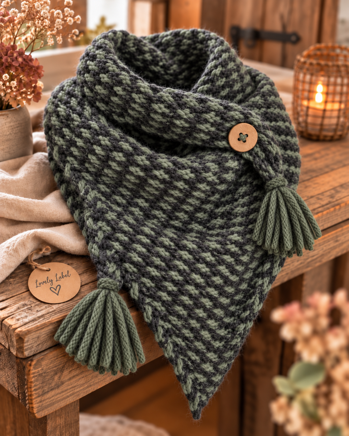 Handgemaakte HuggMe Army Grey shawl in donkergrijs en army groen met groene franjes