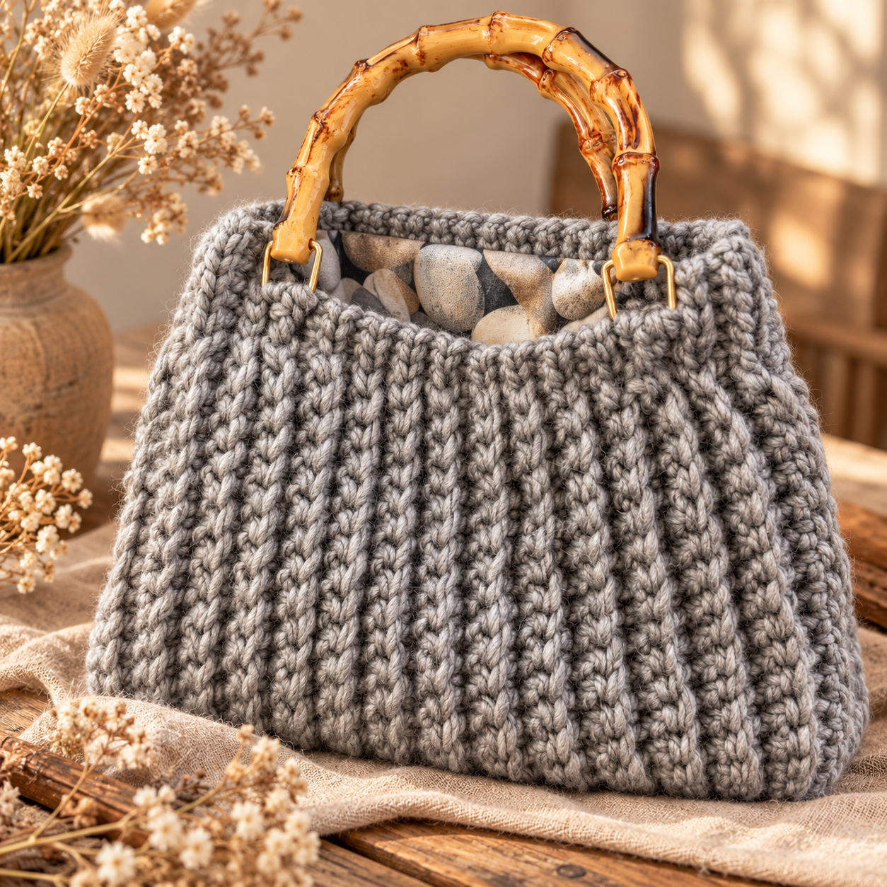 Hugme Bag Grey handgemaakte grijze tas met bamboe hengsels