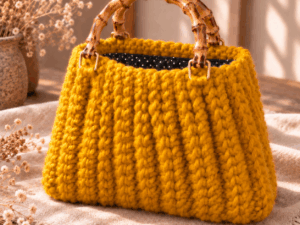 Hugme Bag Mustard handgemaakte mosterdgele tas met bamboe hengsels