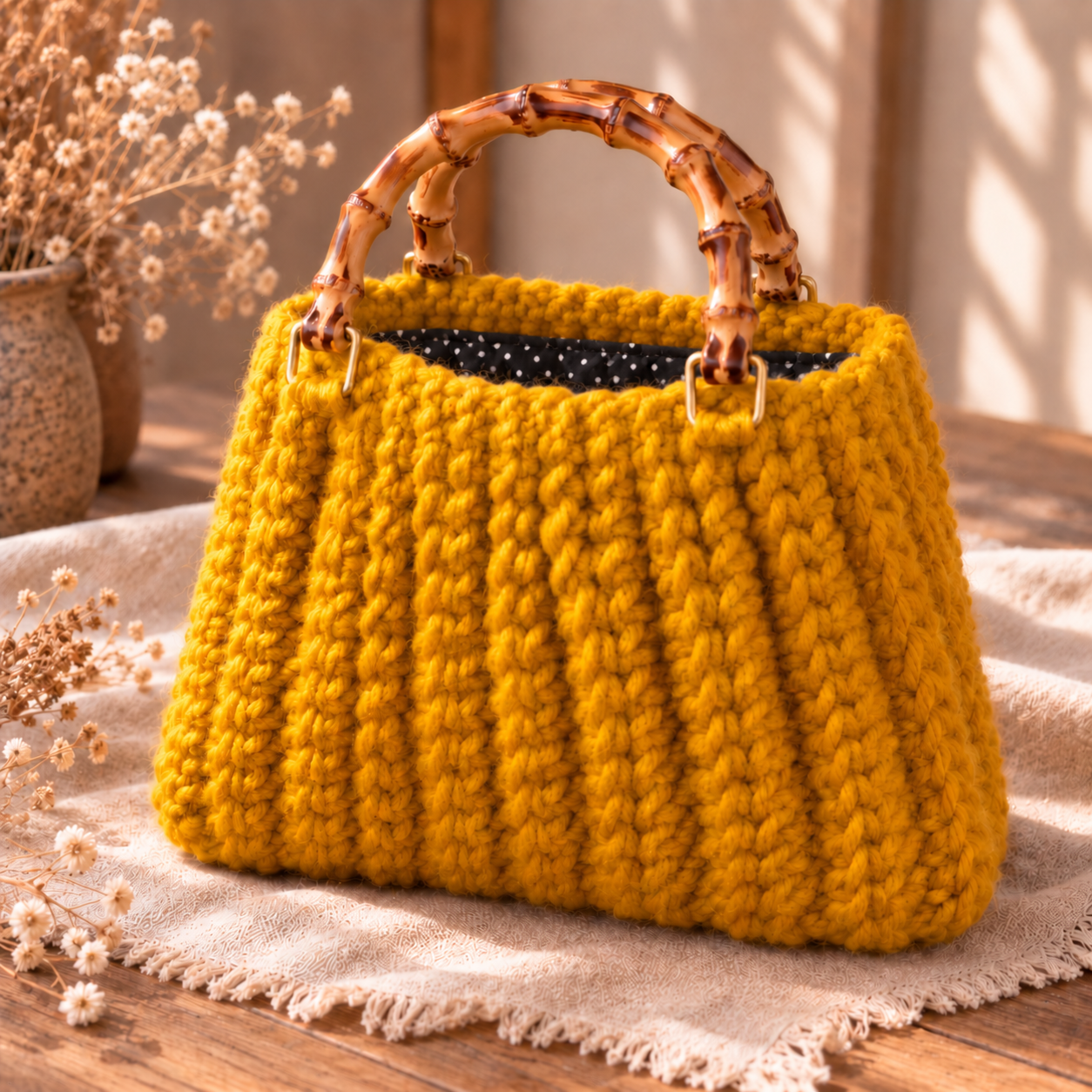 Hugme Bag Mustard handgemaakte mosterdgele tas met bamboe hengsels