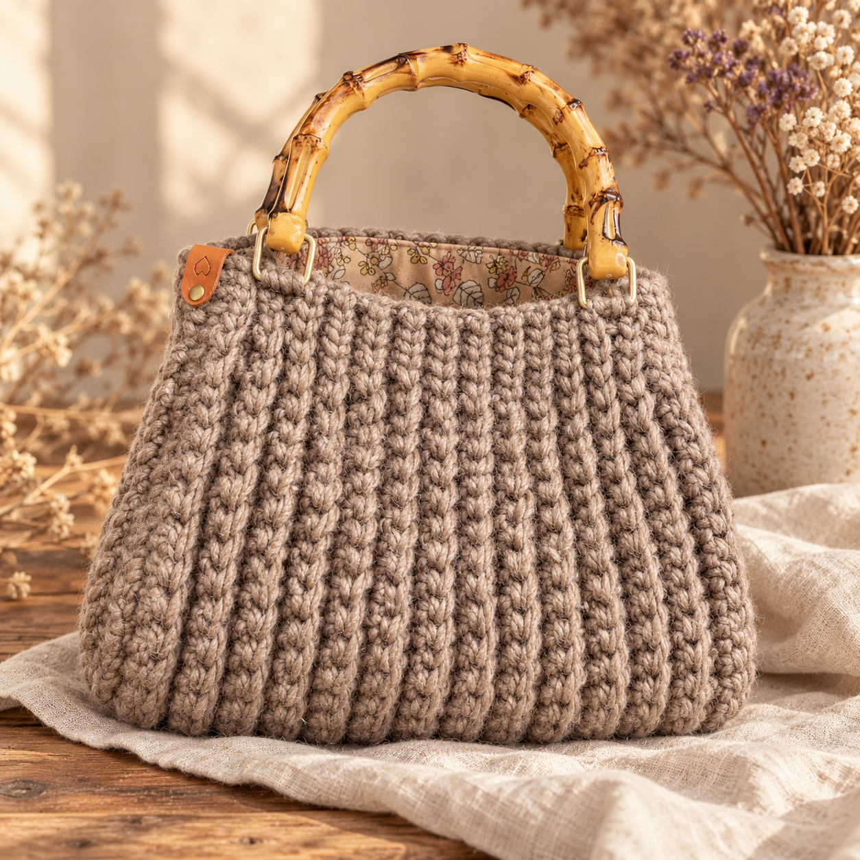 Hugme Bag Taupe handgemaakte taupe tas met bamboe hengsels
