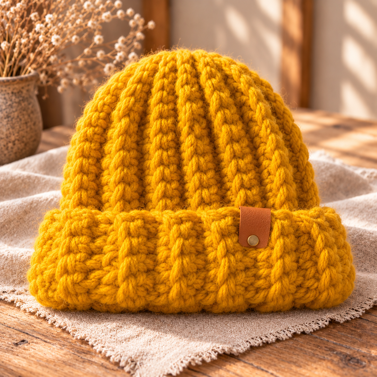 Hugme Muts Mustard handgemaakte gebreide muts