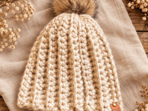 Hugme Muts Off White handgemaakte muts met pompon