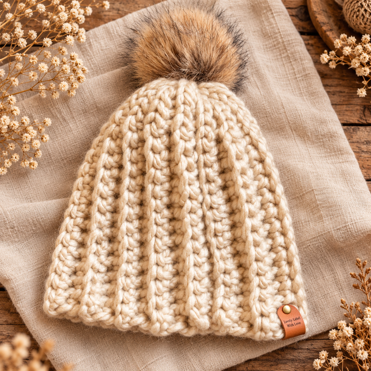 Hugme Muts Off White handgemaakte muts met pompon
